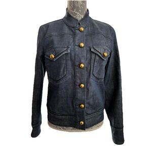 Tory Burch Women's Medium Denim Jacket Mandarin Collar Gold Buttons Black Piping